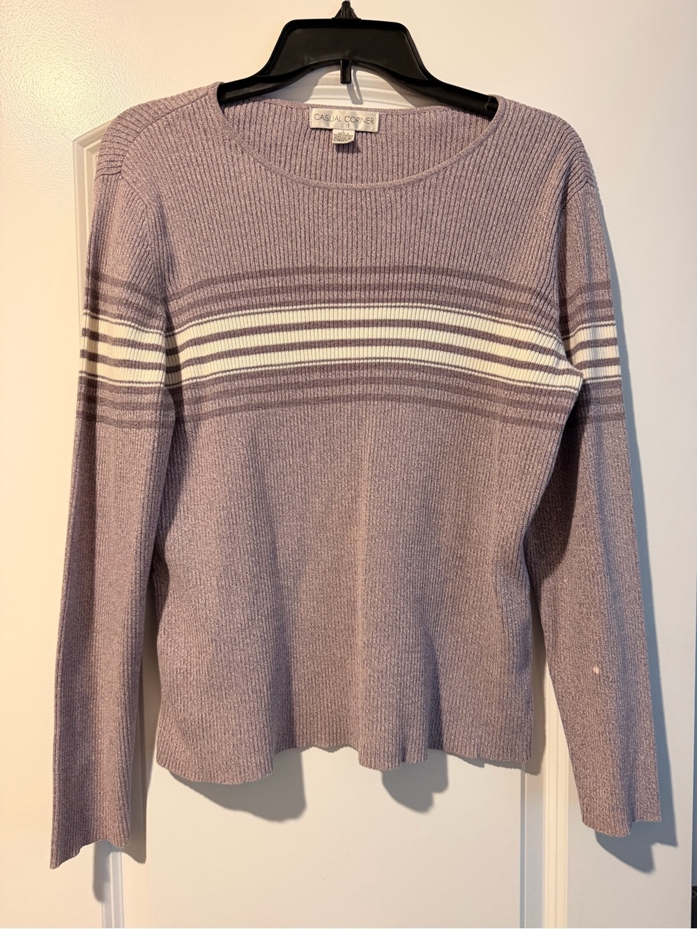 Casual Corner Lavender Crewneck Sweater with White Stripes